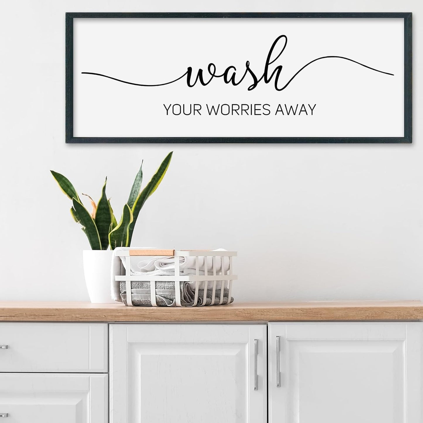 SRSZHIYUE Wash Your Worries Away Bathroom Sign Wall Art 32"×12" Funny Restroom Toilet Large Wood Framed Hanging Decor (Black)