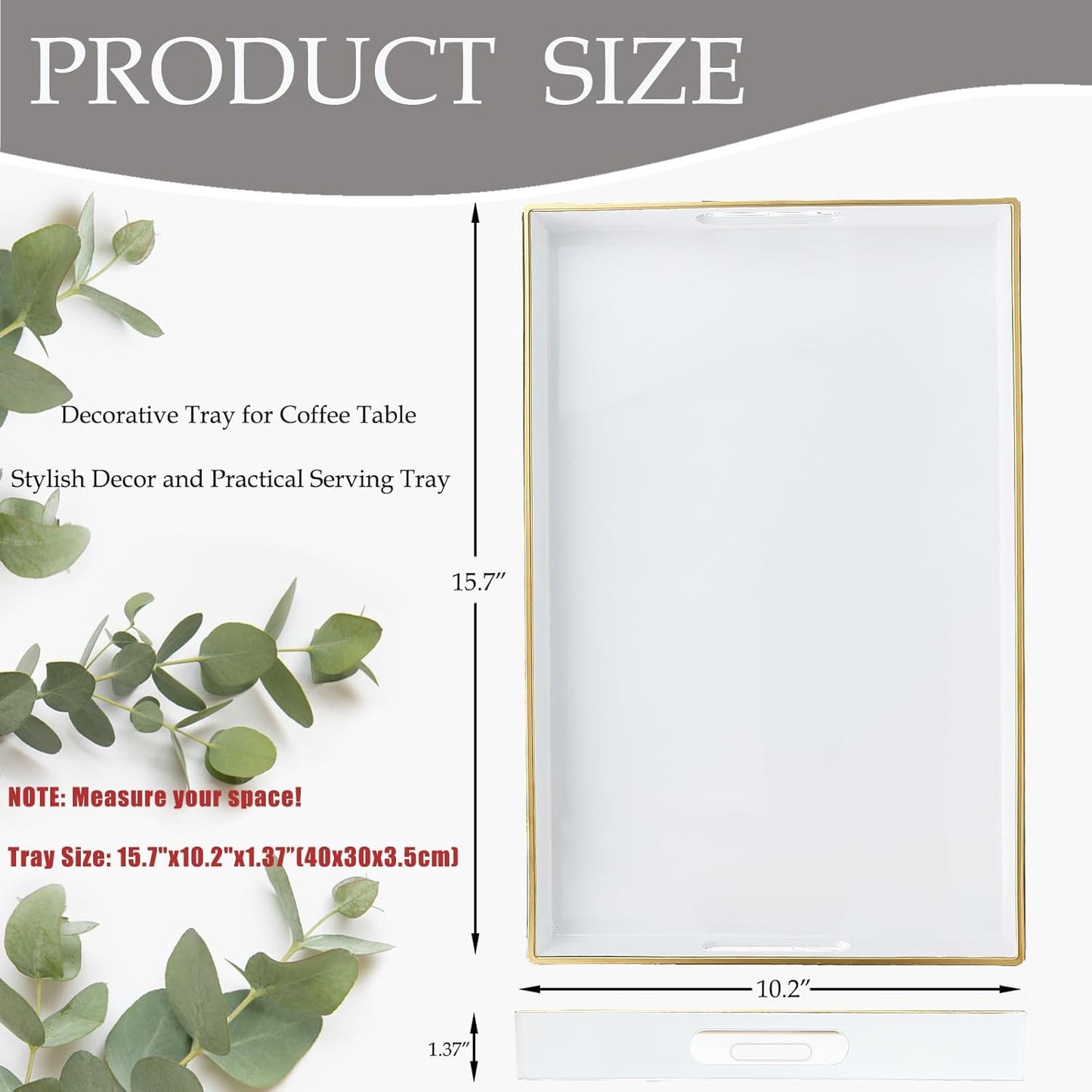 Spsyrine White Decorative Serving Tray with Handles, Elegant Plastic Coffee Table Tray for Ottoman, Living Room, Home Decor 15.6" X 10.2"