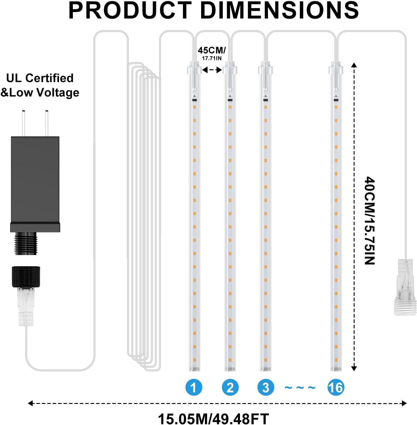 PEMOTech Christmas Lights Outdoor,16 Tubes 40cm 576 LED Meteor Shower Lights, Waterproof Christmas Decorations Icicle Lights for Xmas Tree Halloween Party, Outdoor Christmas Decorations,UL Plug,Blue