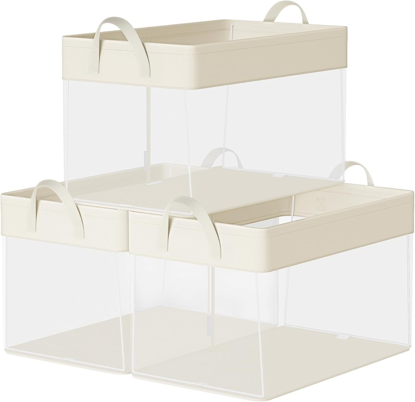 SONGMICS Storage Bins Set of 3, Large Fabric Storage Baskets, Foldable Organizer with Transparent Nylon Mesh, 19.7 x 11.8 x 11.8 Inches, Handles, for Bedroom, Living Room, Cream White URFB950W01