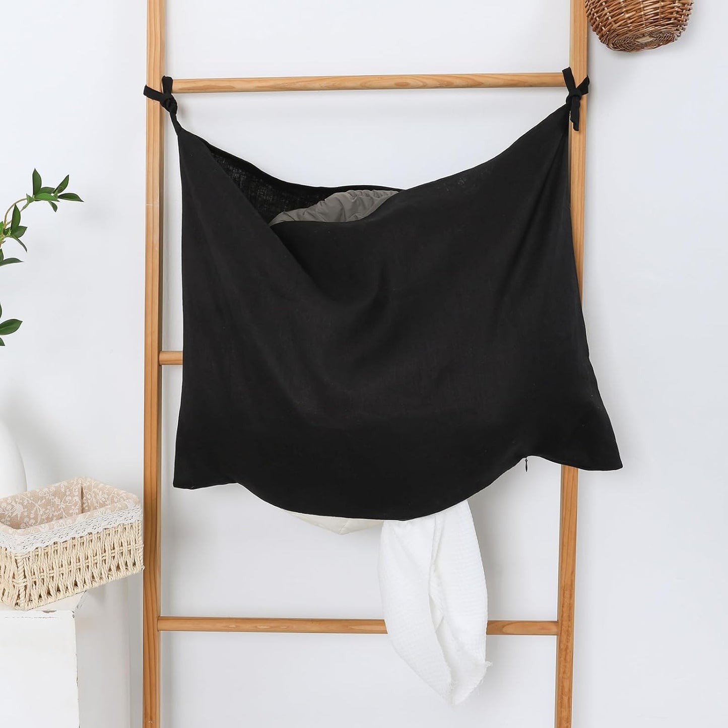 Hanging Linen Laundry Bag, 100% Pure Flax Linen Over The Door Hamper with Bottom Zipper for Laundry Room, Household Dirty Cloth Storage Organizer Bag, Black