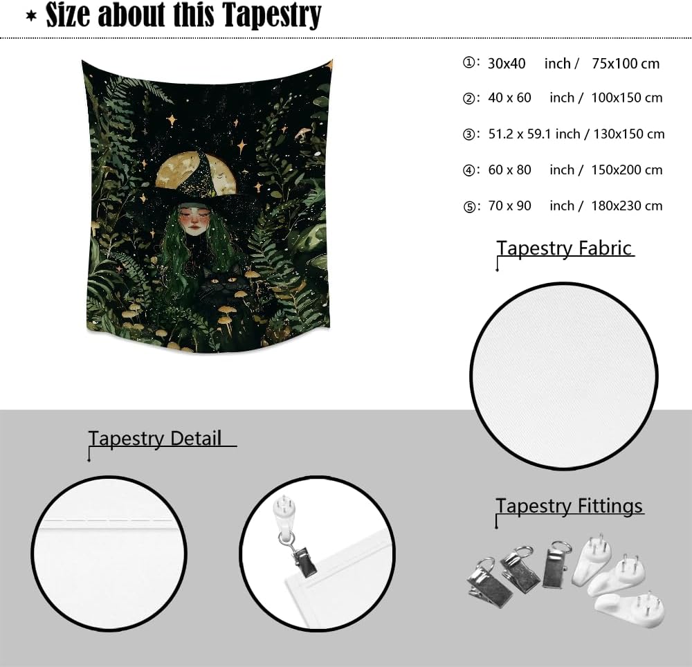 Moon Witch Tapestry Wall Hanging Mystical Botanical Green Print Dark Forest Witchy Decor Gothic Magical Black Cat and Moon Tapestries for Bedroom Living Room Dorm Decoration Aesthetic 30x40inch