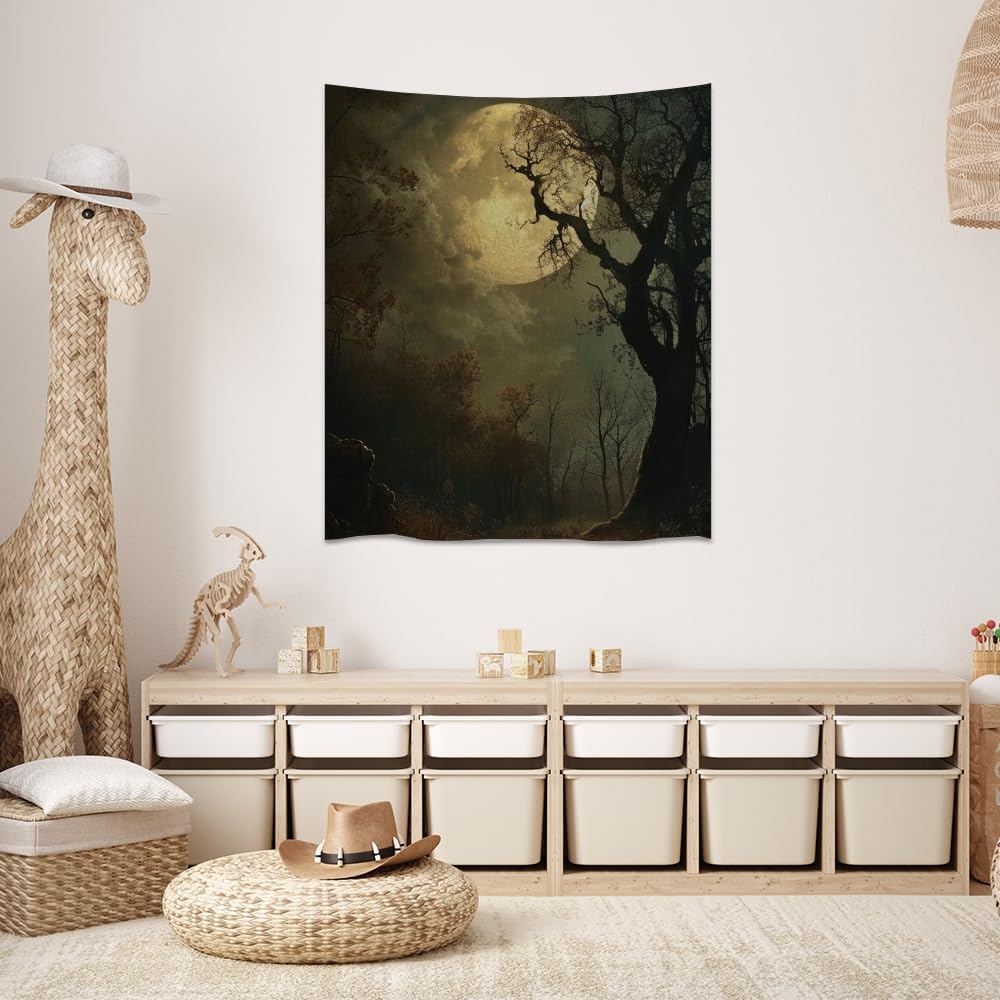 Moon Tapestry Halloween wall Decor Vintage Dark Academia Bedroom Tapestries Retro Art Aesthetic Wall Tapestry for Bedroom Dorm Living Room white