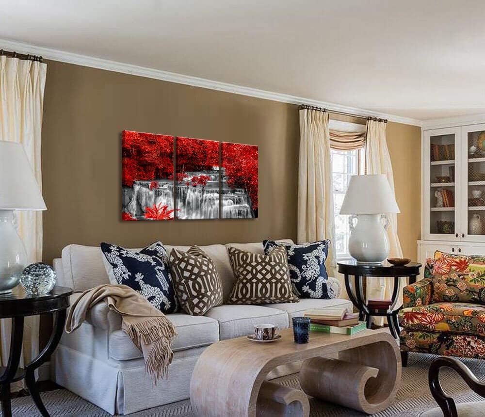 Yxbhhym Black White and Red Waterfall Canvas Wall Art Forest Paintings Waterfall Artwork for Wall Print Landscape Wall Picture for Living Room Wall Decor Large Framed Wall Art -24x48inches