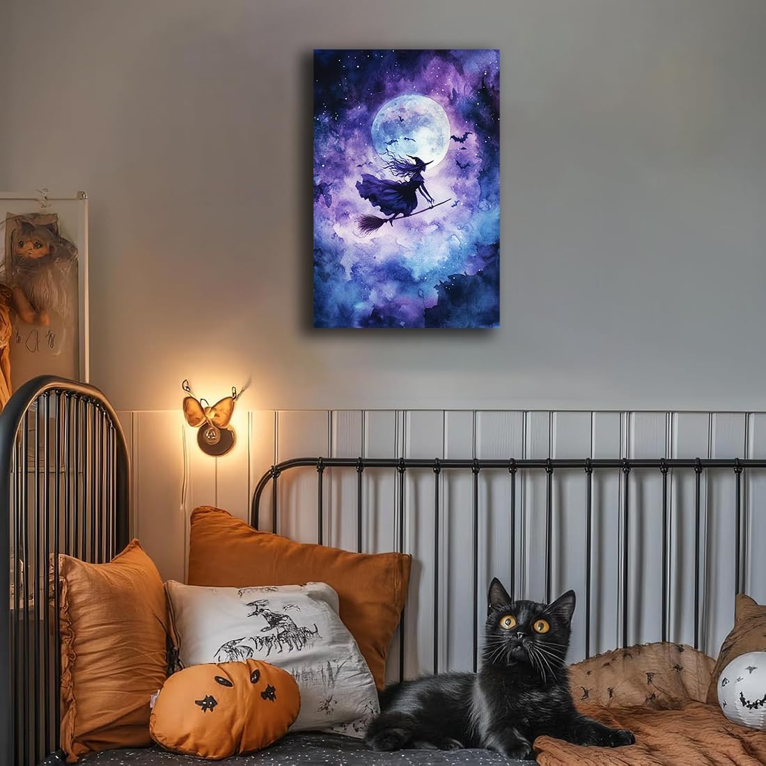 Witch On Broom Flying Wall Art,Gothic Halloween Canvas Wall Art,Victorian Witch Silhouette In Moonlight Broomstick Poster Pictures,Creepy Halloween Purple Night Sky Print,24"x36" Unframed
