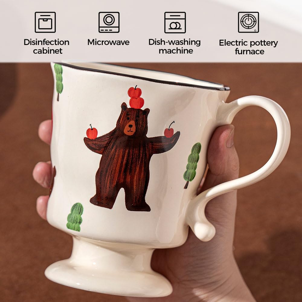 360ml -12.17oz Painted Cute Bear Ceramic Mug - Cute Coffee Cup for Espresso,Cappuccino, Turkish Tea - Gift for Women, Dishwasher Safe