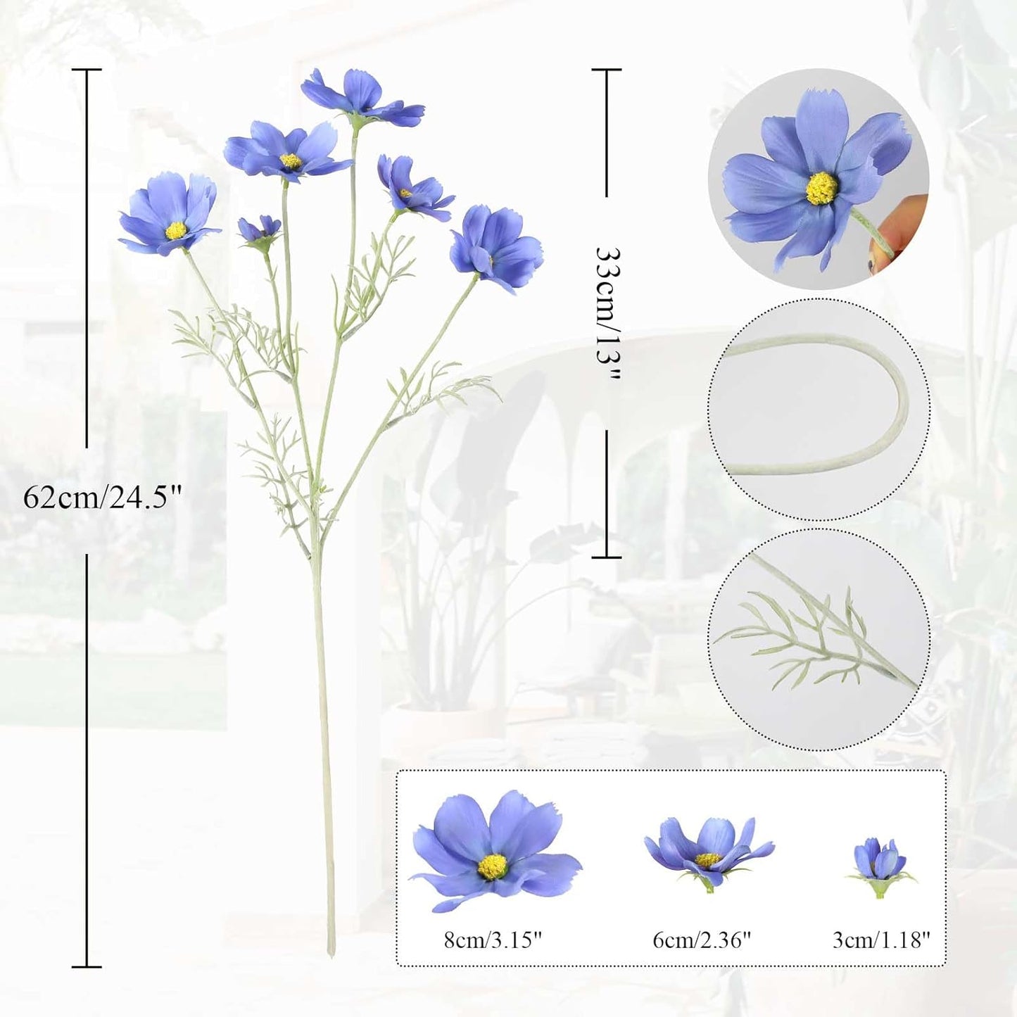 IPOPU Blue Flowers Artificial Cosmos 5PCS Fake Blue Wildflowers 24.5" Fake Daisies for Home Decor Indoor Faux Wild Flowers for Floral Arrangements Wedding Centerpiece