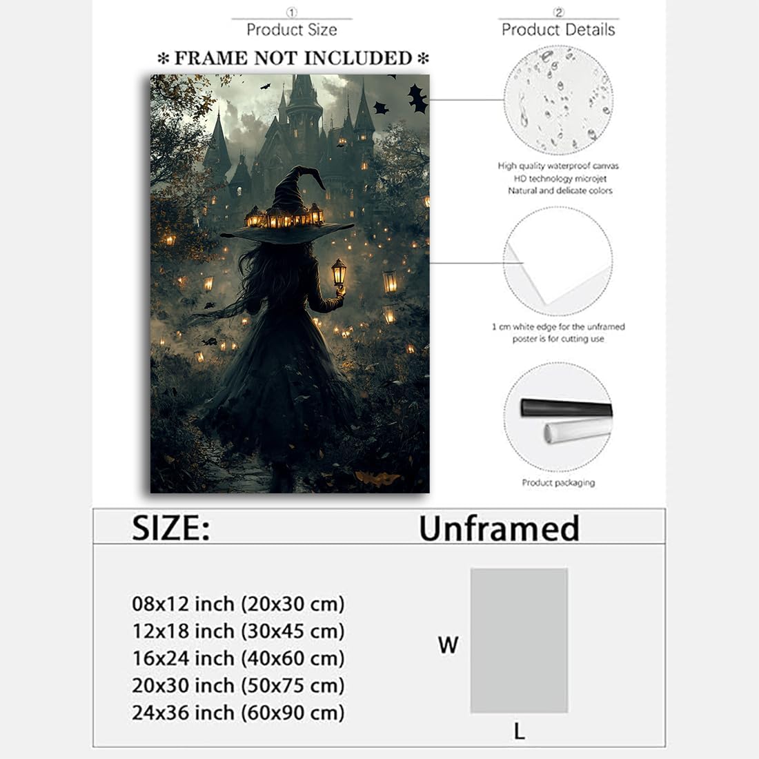 Halloween Witch and Haunted House Canvas Wall Art,Dark Academia Scary Witch Castle Posters Prints,Thriller Horror Gothic Wall Decor Pictures for Halloween Party House Decoration,16"x24" Unframed