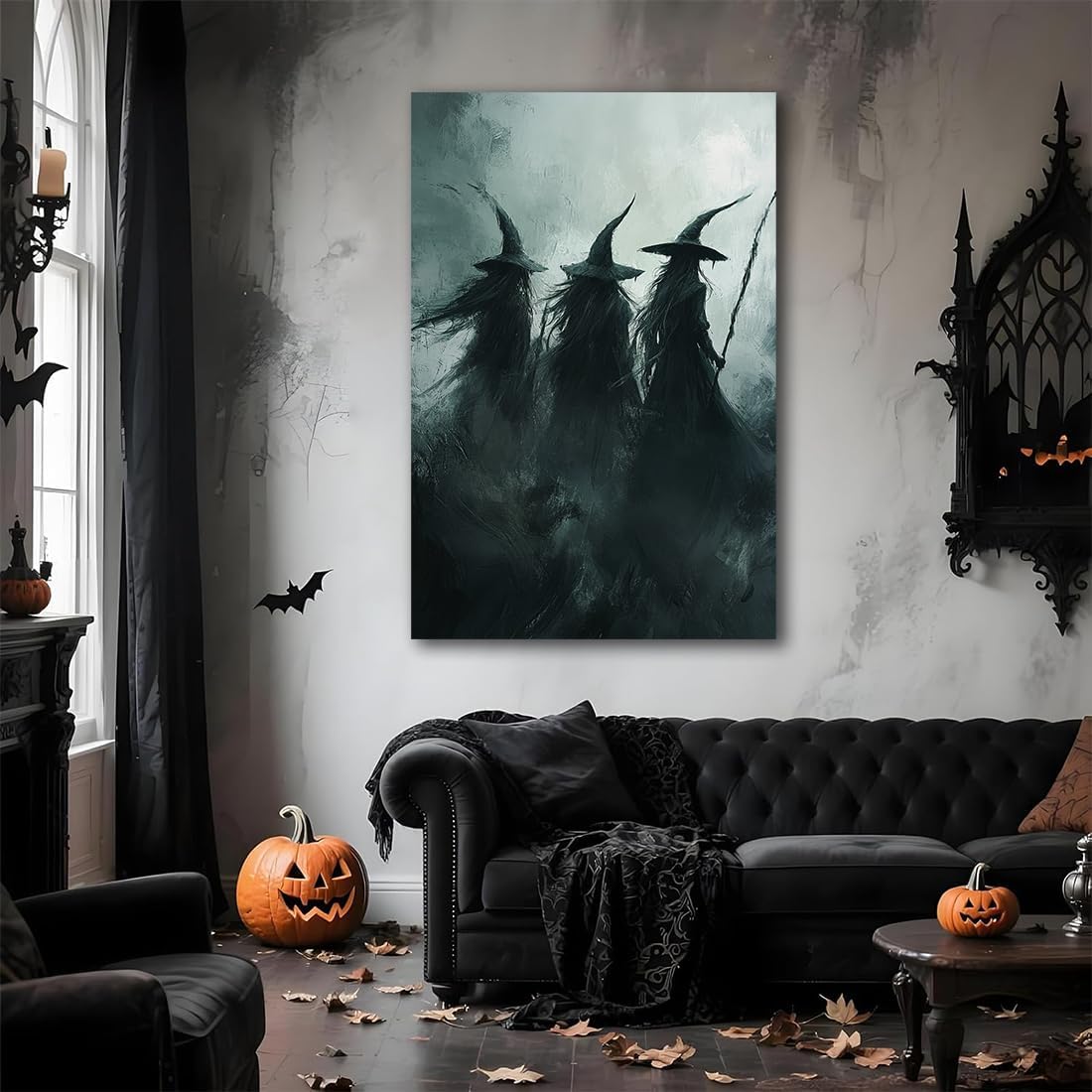 Gothic Witchs Horror Halloween Wall Art,Three Witches in Moody Forest Painting Wall Decor,Autumn Spooky Witches Forest Canvas Printing For Gallery Living Room Bedroom,16"x24" Framed