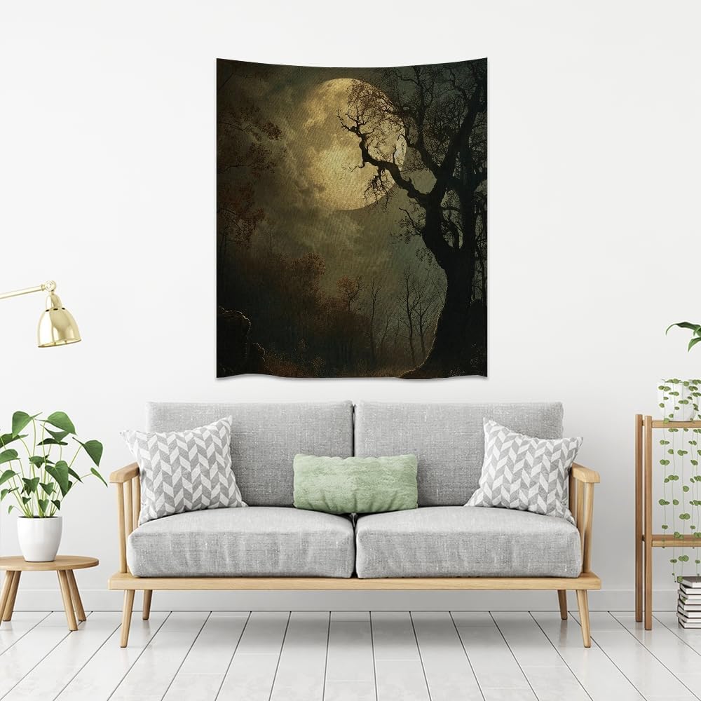 Moon Tapestry Halloween wall Decor Vintage Dark Academia Bedroom Tapestries Retro Art Aesthetic Wall Tapestry for Bedroom Dorm Living Room white