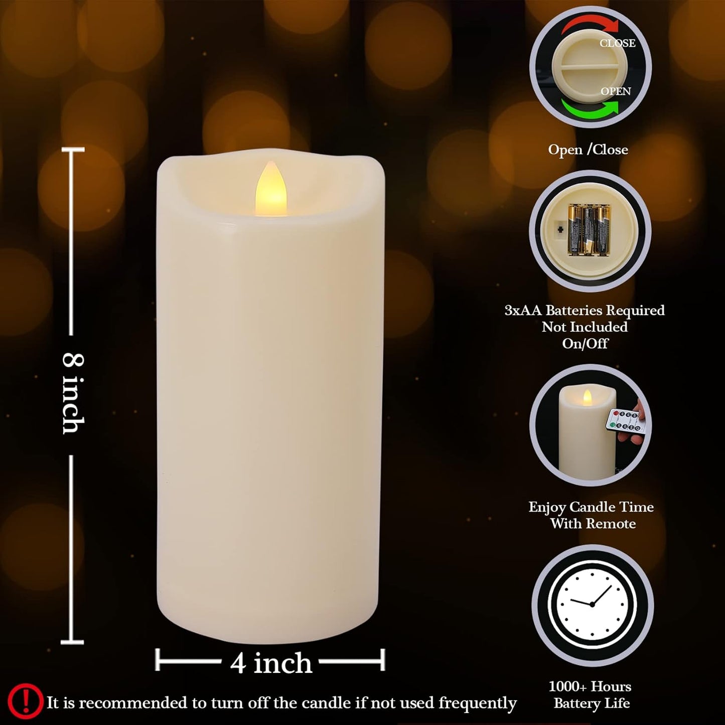 Large Flameless Candles with Remote and Timers Outdoor Waterproof, 8" x 4" Battery Operated Flickering LED Pillar Candles for Outside Lanterns, Ivory Plastic, Long-Lasting ,Set of 2