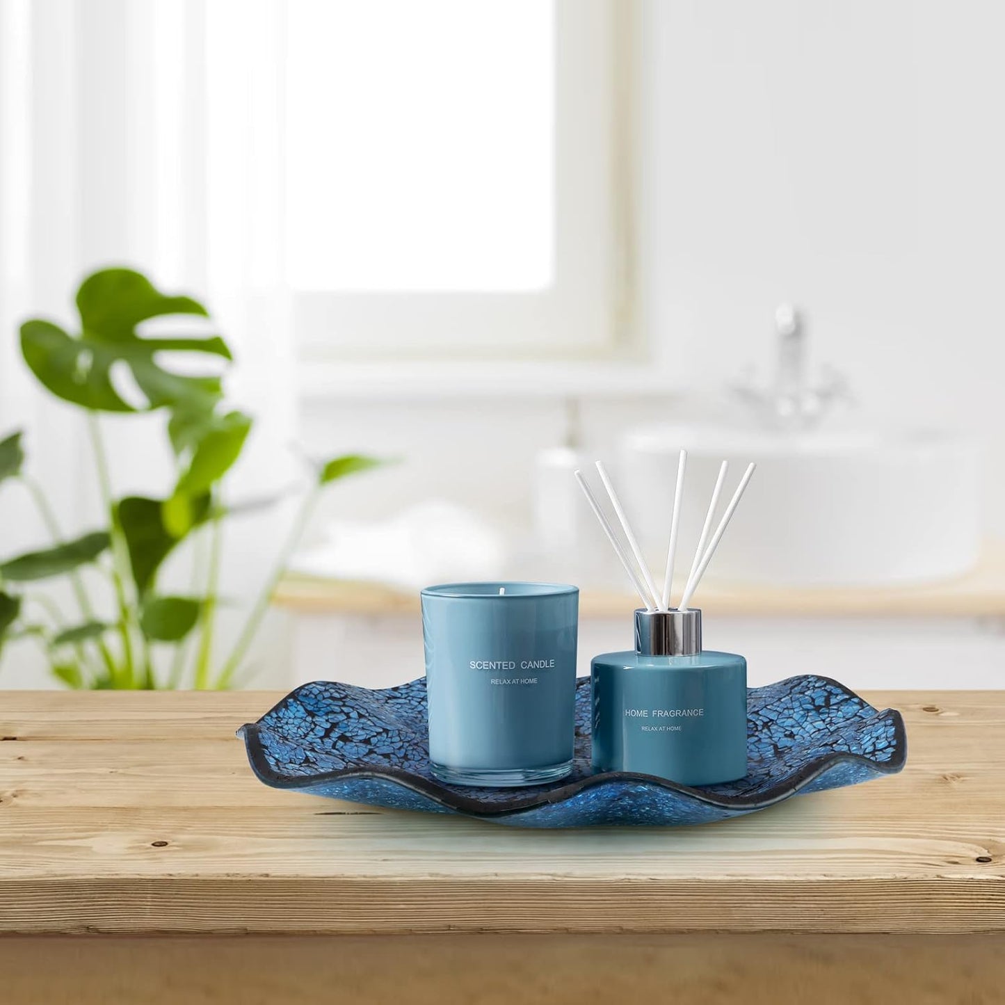 MDLUU Mosaic Centerpiece Tray, 12" Decorative Glass Plate, Home Decor Glass Bowl for Dining Room Table, Coffee Table, Gift (Turquoise)