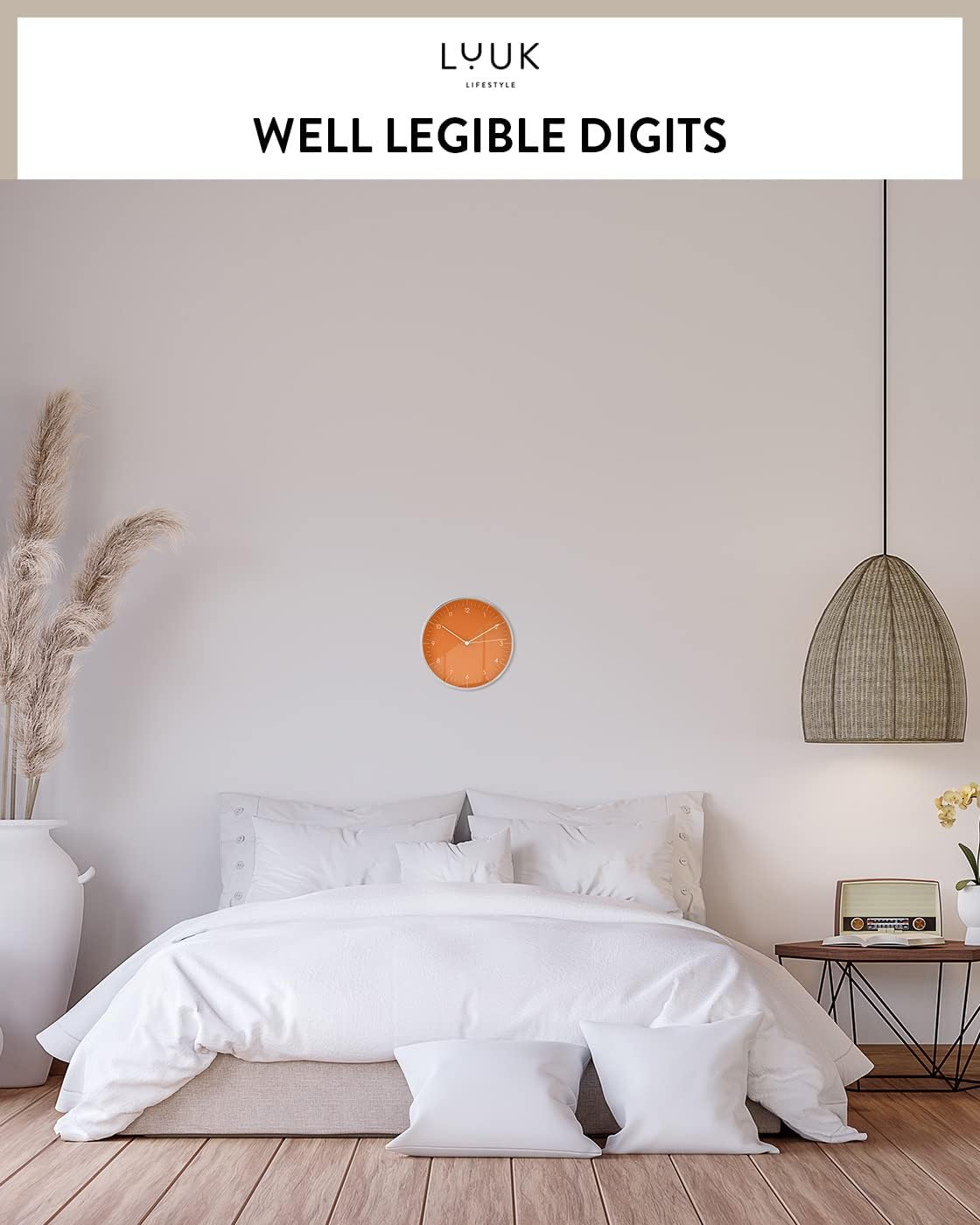 LUUK LIFESTYLE Silent Quartz Wall Clock, Modern and Minimalist Design, Without Ticking, 10” Kitchen Clock, for Living Room, Bedroom, Housewarming Gift, Orange and Silver