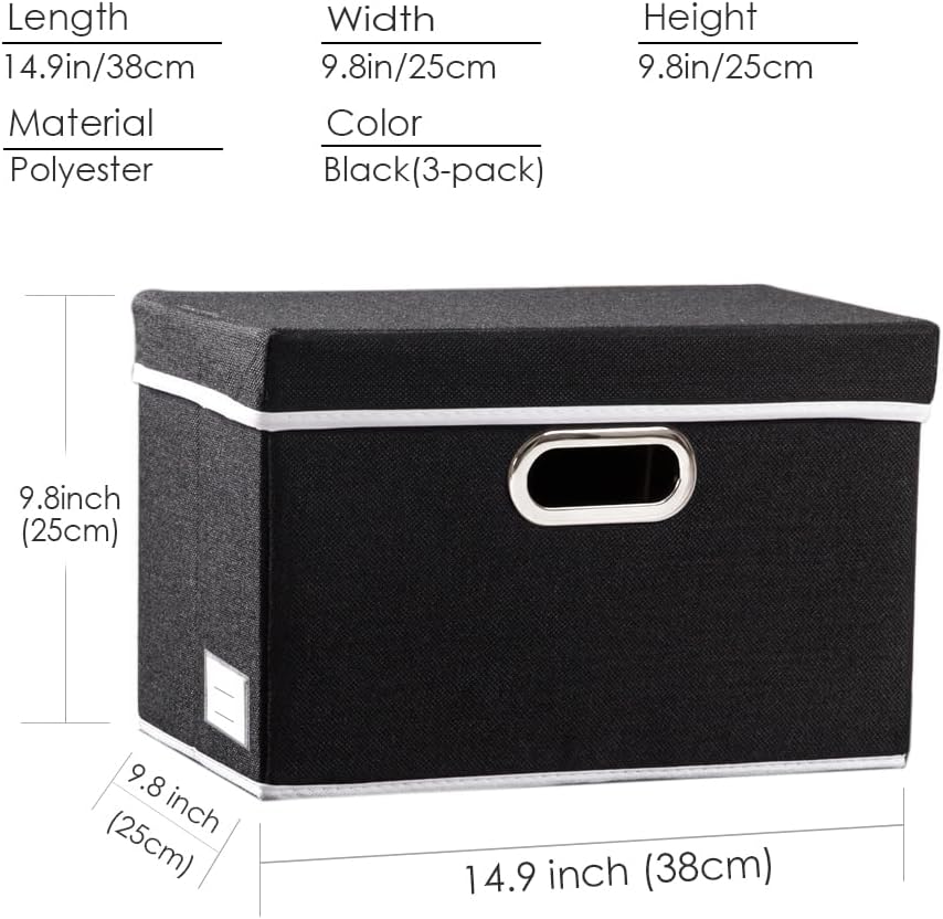 PRANDOM Foldable Storage Bin with Lid [5-Pack] Linen Fabric Decorative Storage Box Organizer Container Basket Cube with Handles Divider for Closet Office Living Room Black(14.9x9.8x9.8)