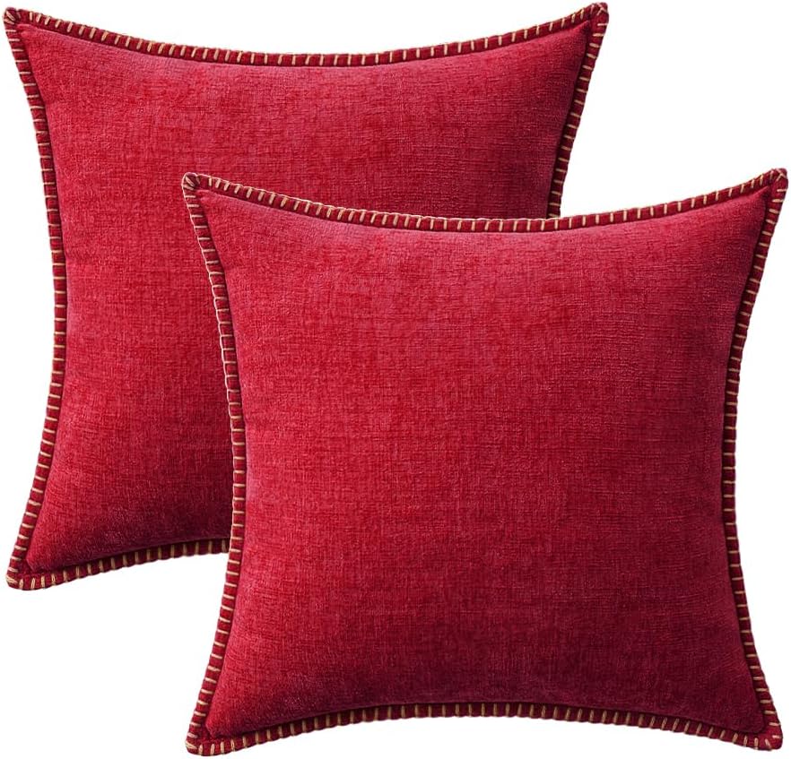 MIULEE Pack of 2 Christmas Pillow Covers 20x20 Inch Red Farmhouse Decorative Throw Pillow Covers with Stitched Edge Soft Chenille Solid Dyed Couch Pillow Covers for Sofa Bed Living Room