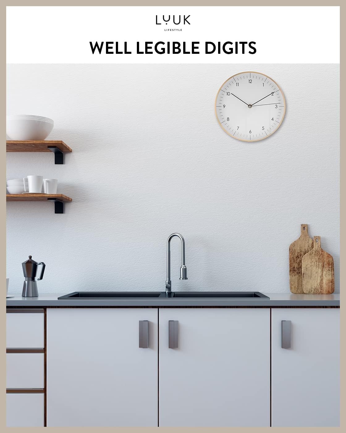 LUUK LIFESTYLE Silent Quartz Wall Clock, Nordic and Minimalist Design, Interior Decoration for Living Room, Kitchen, Bedroom, White and Gold