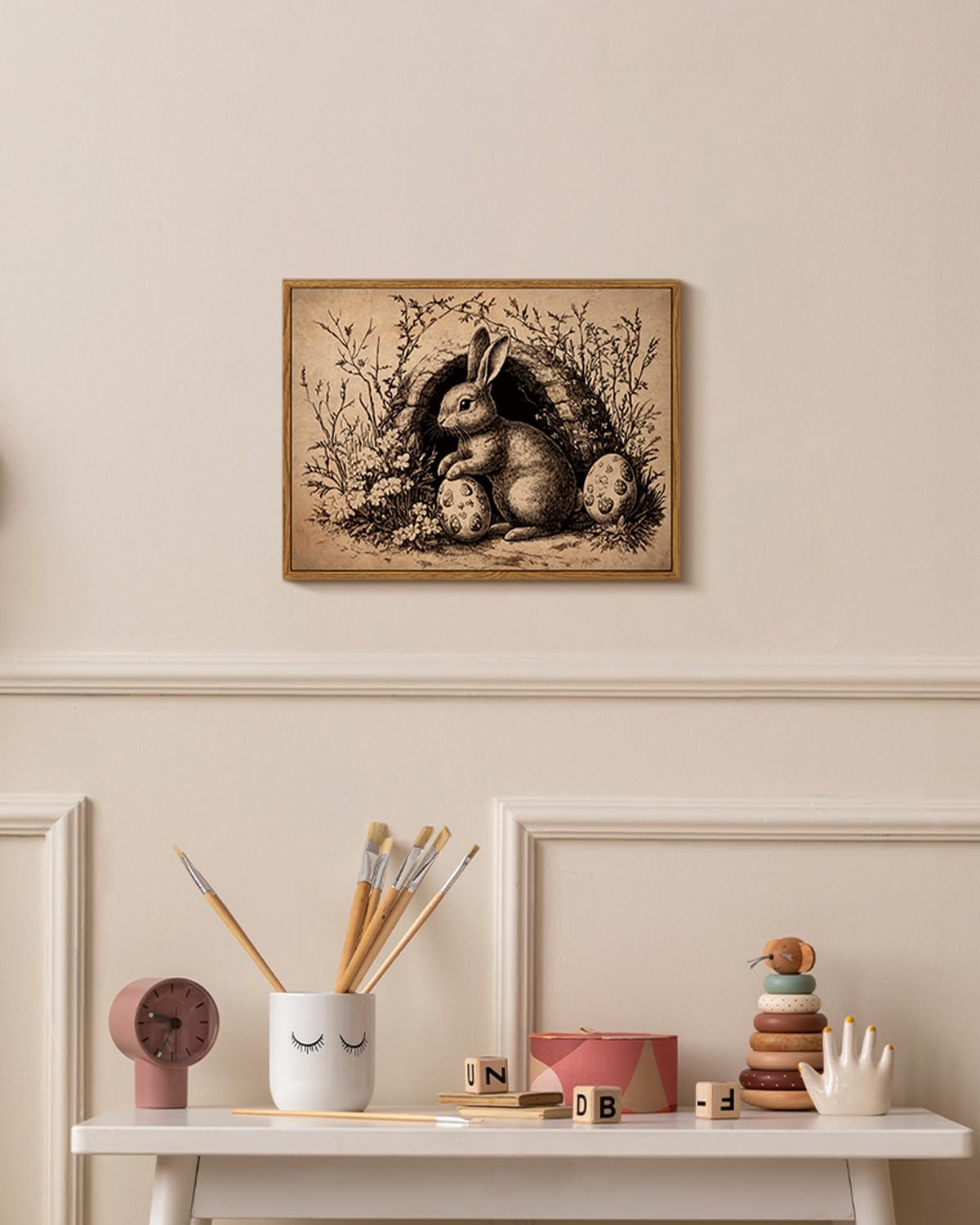 VIYYIEA Framed Wall Art for Living Room, Easter Bunny Egg Canvas Prints, Vintage Home Decor, Rabbits Painting Picture, Bathroom Wall Decor Gifts for Friends or Family -【Easter Collector】-(16L x 12W)