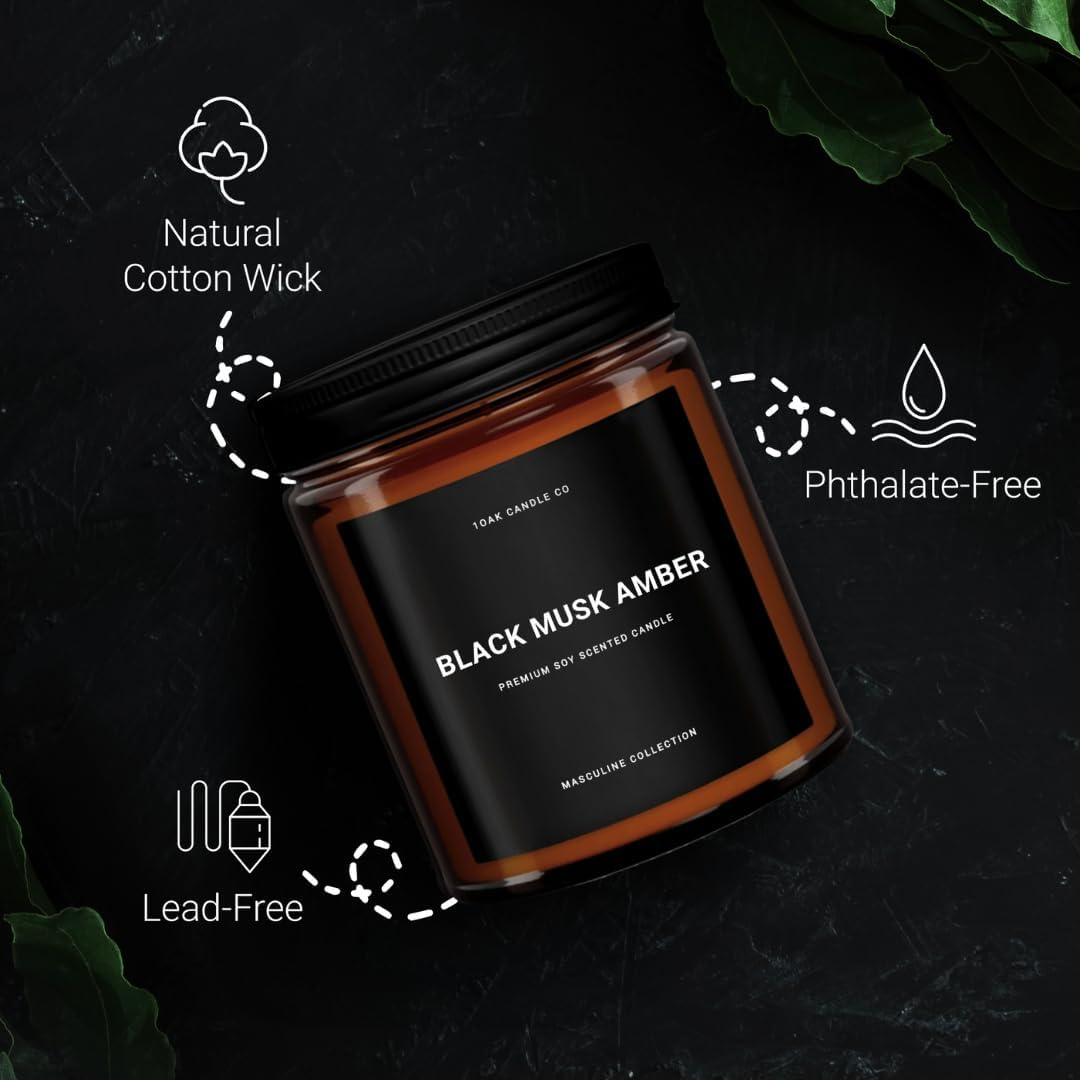 1OAK Black Musk Amber Candle - Soy Wax Scented Candle for Men - 7oz, Long Burning, Masculine - Premium Gift Option