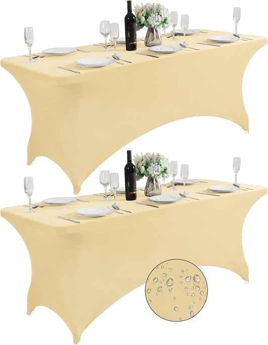 SuperO 2Pack Waterproof Spandex Table Cover for 6FT Table Universal Fitted Stretch Tablecloth for Party, Banquet, Wedding and Events-Champagne