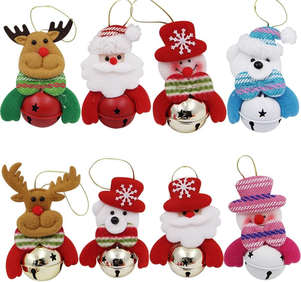 Happy Trees Christmas Tree Plush Ornaments Set for Xmas Home Party Decor, Christmas Hanging Snowman Elk Santa Claus Polar Bear Decorations with Metal Bells, 8 Pcs (Set of 8)