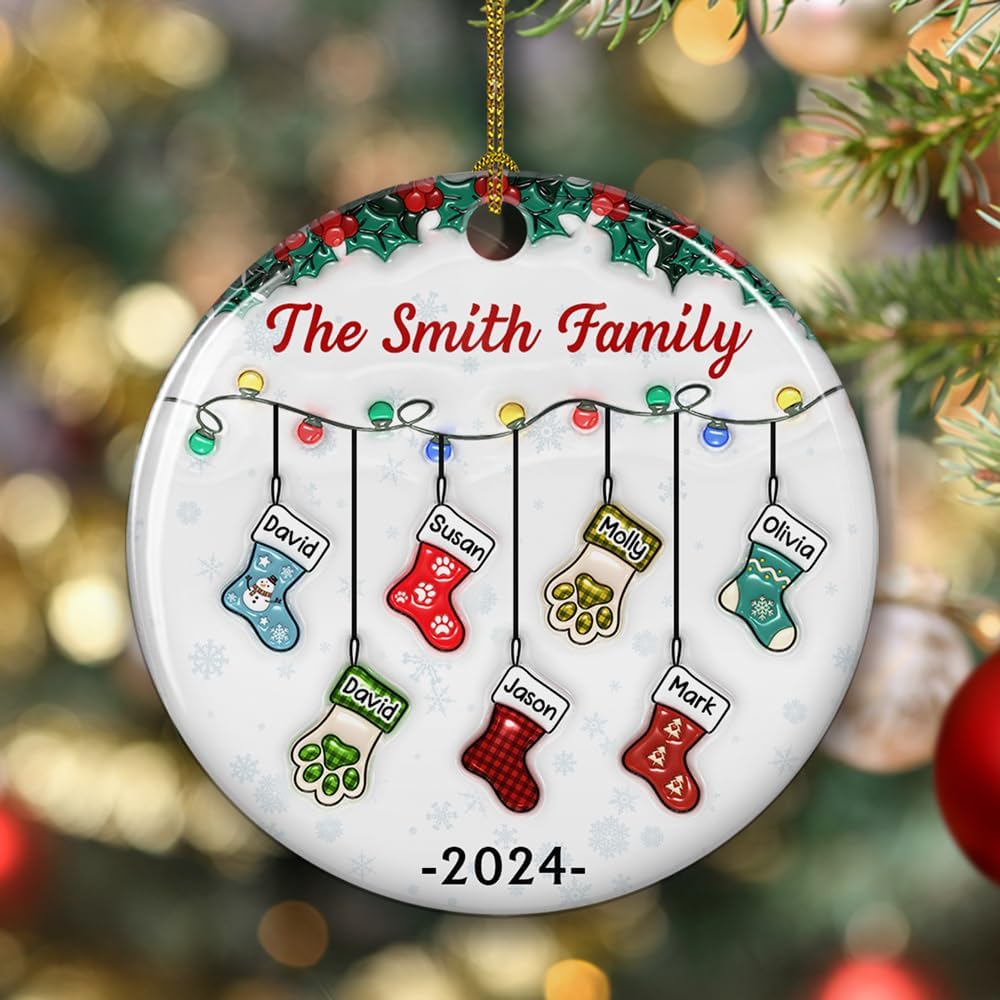 Stocking Personalized Family Christmas Ceramic Ornament 2025-3D Inflated Effect Custom Name Hanging Stock up to 10 Members, First Xmas as A Family Ornament Gifts (A04, 4 Names)