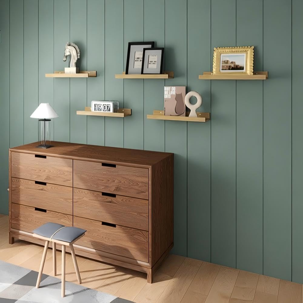 RICHER HOUSE 5 Set Floating Shelves for Wall Decor, Wall Mounted Book Shelf, Nursery Shelves Picture Ledge Shelf with Lip for Wall Storage, Bedroom, Living Room, Bathroom - Oak