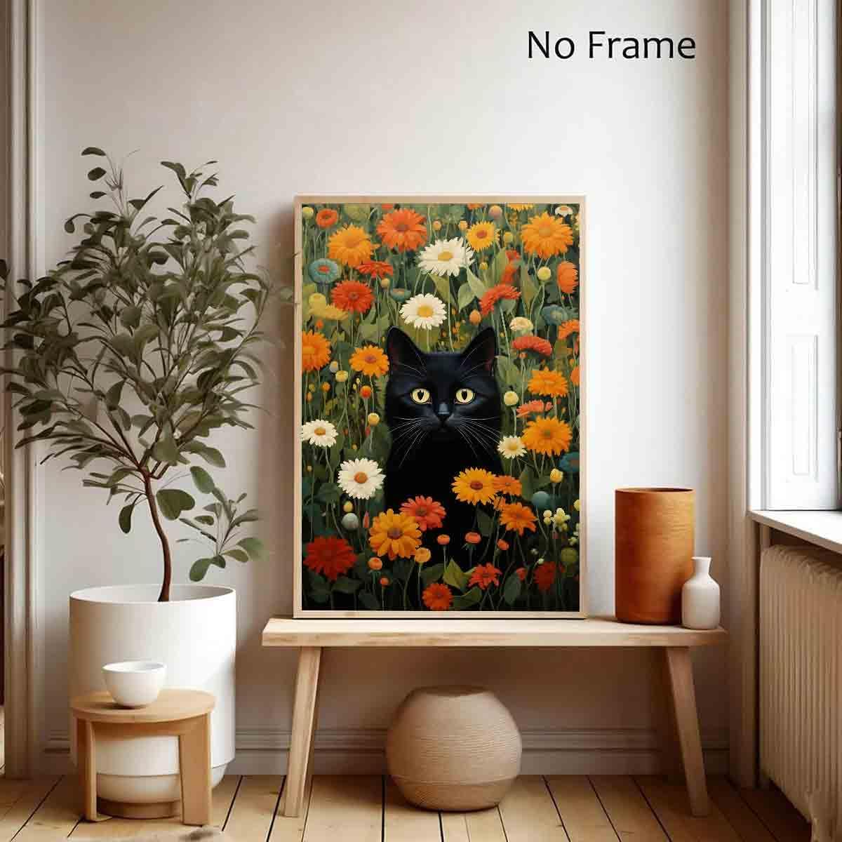 Vlolvfe Black Cat Wall Art Colorful Flower Pictures Funny Cat Painting Green Plant Pictures Colorful Wildflowers Wall Art Cute Animals Floral Picture Aesthetic Living Room Decor 16x24inch No Frame