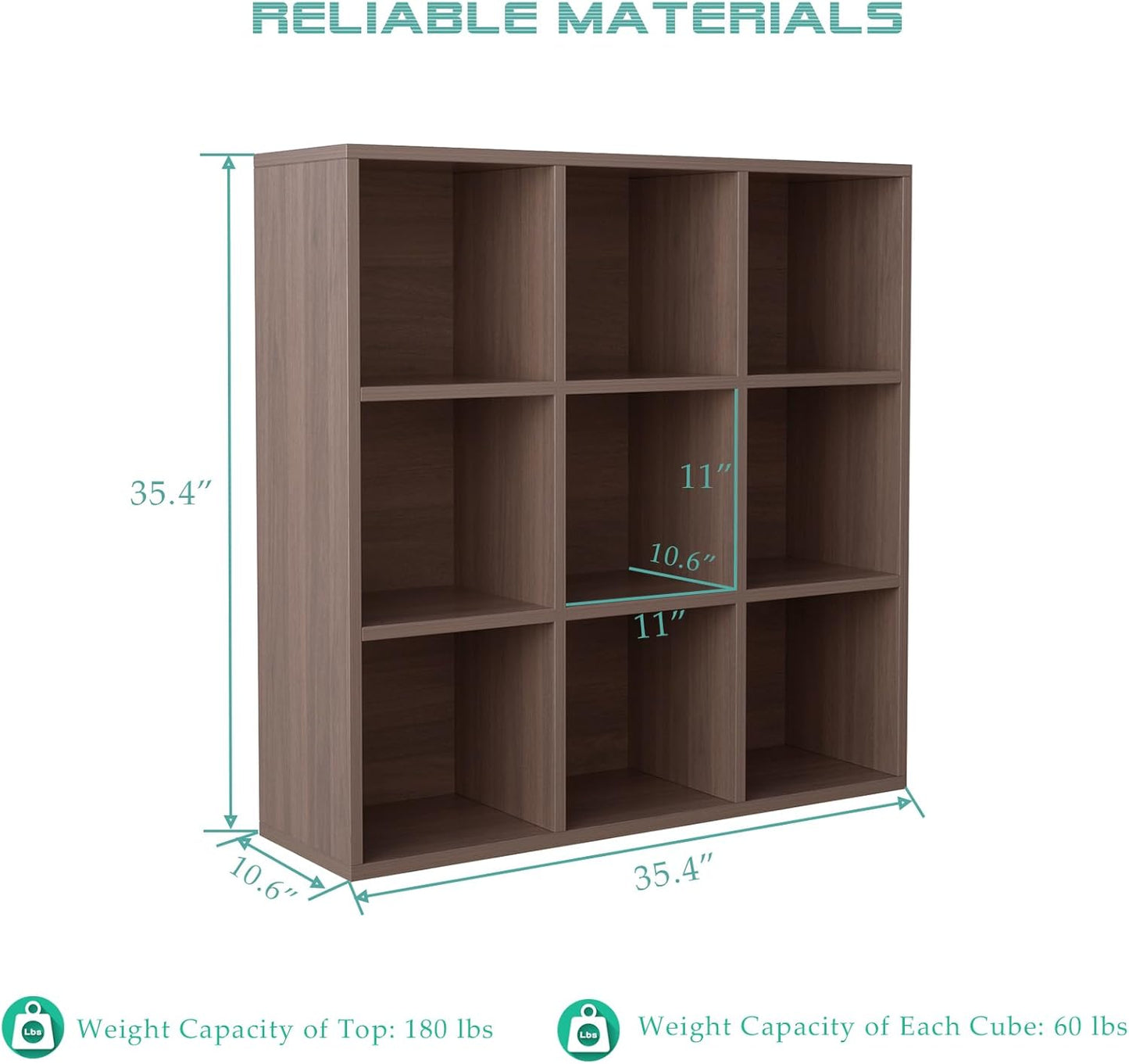 9-Cube Storage Shelf Bookcase - Wooden 3-Tier Floor Standing Open Bookshelf for Home and Office, Cuby Orgainzer, Walnut