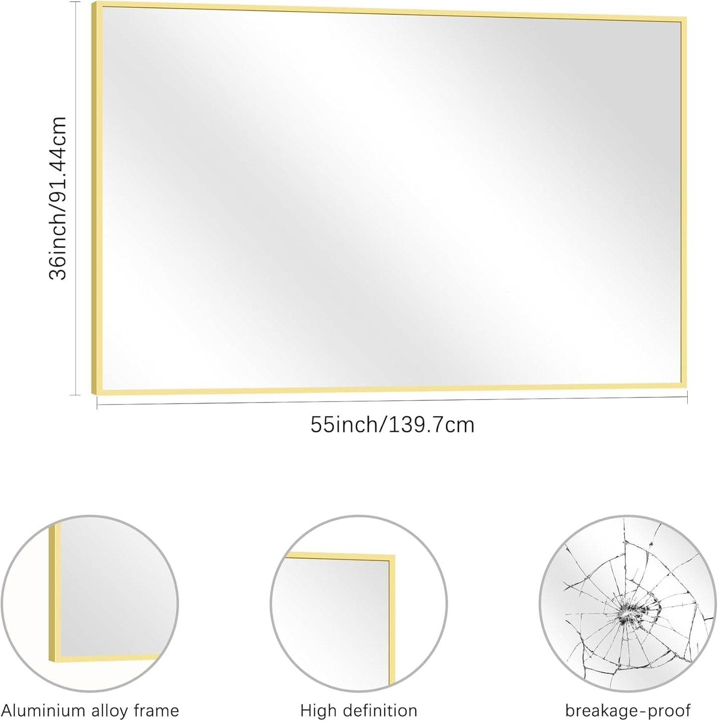 36x55inch Bathroom Mirror, Gold Rectangle Mirror with Thin Metal Frame, Large Rectangular Wall Mirror for Bathroom, Living Room, Hair Salon, Big Farmhouse Mirror Hang Horizontal/Vertical