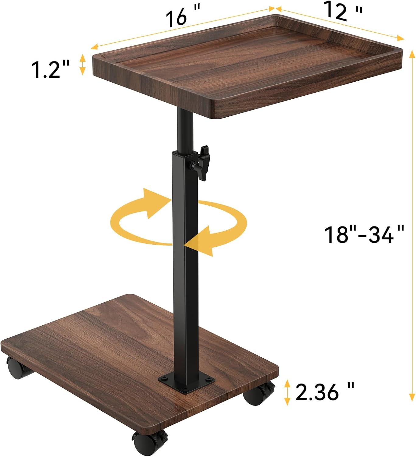 C Table End Table Adjustable Height, 360°Swivel TV Tray Table for Small Spaces, Couch Tables That slide under, C Shaped Side Tables living room and bedroom for Sofa, Bed,Chair, Snack (Walnut Brown)