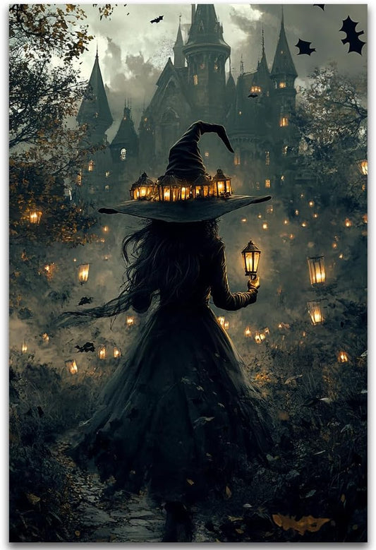 Halloween Witch and Haunted House Canvas Wall Art,Dark Academia Scary Witch Castle Posters Prints,Thriller Horror Gothic Wall Decor Pictures for Halloween Party House Decoration,20"x30" Unframed