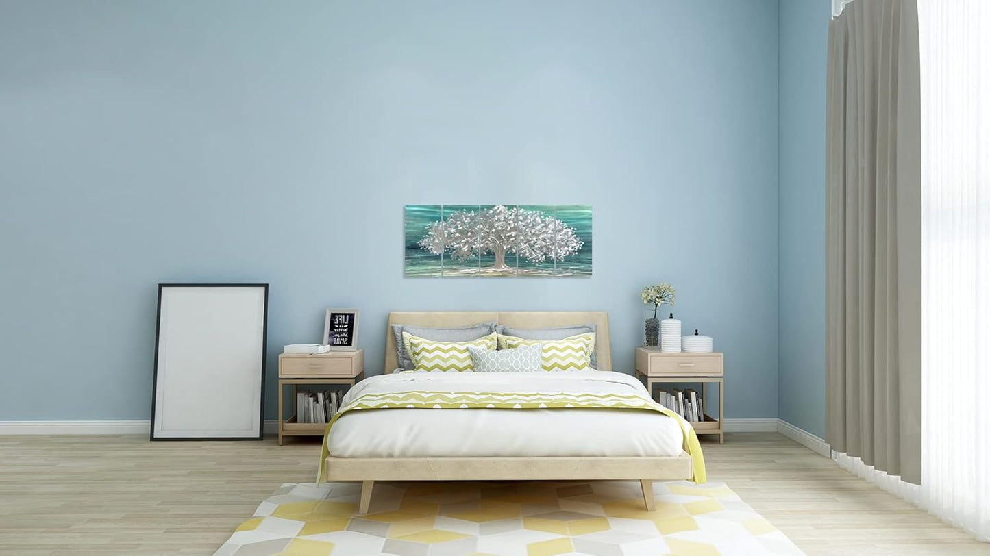 Yihui Arts Tree Of Life Metal Wall Art Handcrafted Aluminum Artwork Teal and Silver Abstract Nature Pictures in 5 Pieces for Living Room Bedroom Bathroom Decor