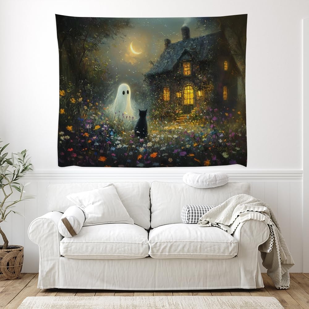 Halloween Black Cat and Ghost Tapestry Wall Hanging for Spooky Cute Bedroom Decor Dark Academia Moon Wildflower Cottage Tapestries Aesthetic for Home Living Room Decoration 70x90inch