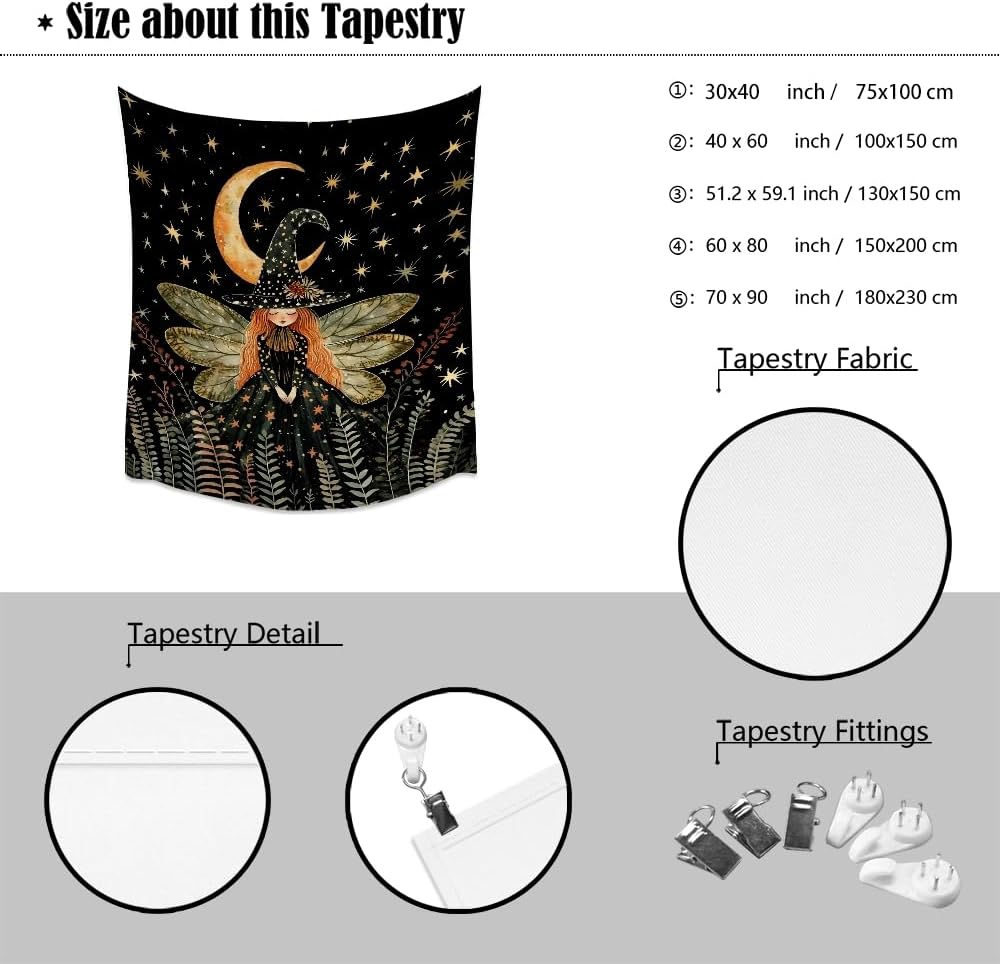 Dark Academia Witch Fairy Tapestry Wall Hanging Magical Moon Starry Night Art Print Halloween Witchy Artwork Aesthetic Wall Tapestries for Girls Bedroom Living Room Dorm Decoration 30x40inch