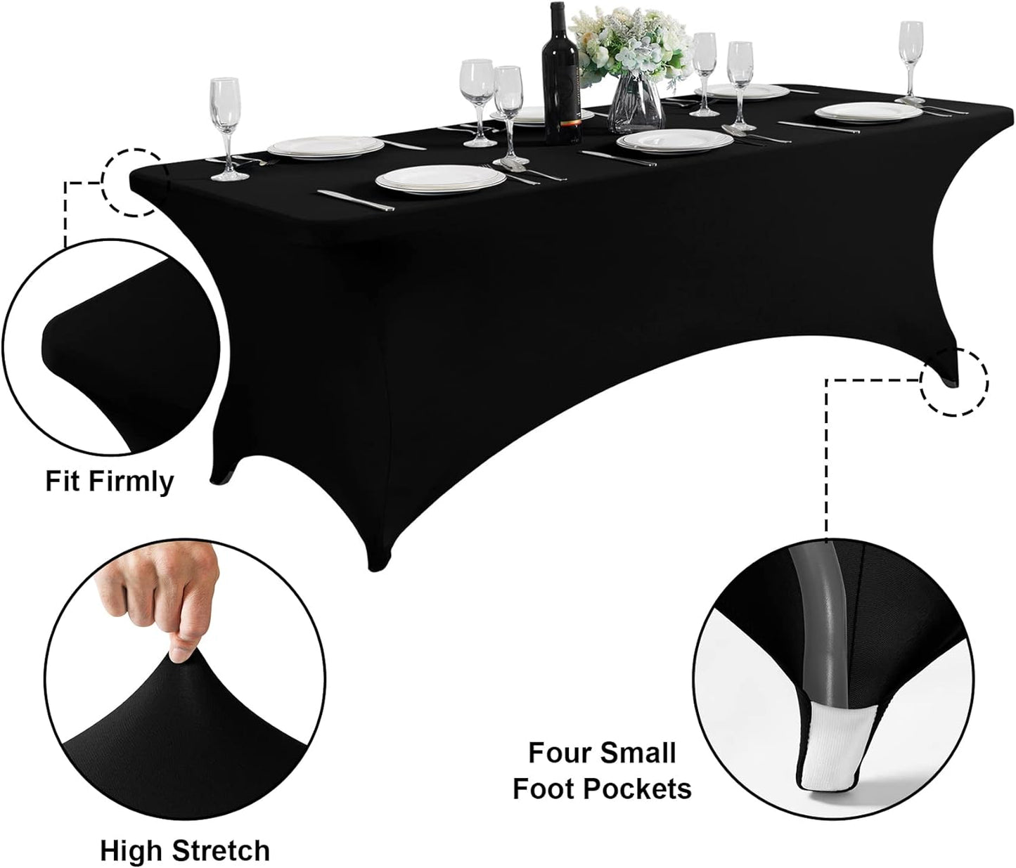 SuperO 2Pack Waterproof Spandex Table Cover for 6FT Table Universal Fitted Stretch Tablecloth for Party, Banquet, Wedding and Events-Black