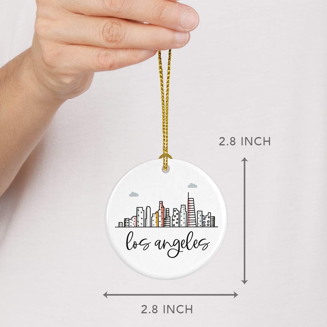 Andaz Press Round Ceramic Porcelain Christmas Tree Ornament Keepsake Gift, Los Angeles, Colorful City Skyline Graphic, 1-Pack, Birthday Ideas Family Coworker Him Her, Includes Gift Box