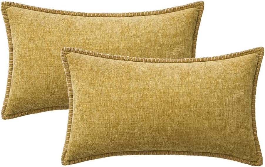 MIULEE Pack of 2 Couch Throw Pillow Covers 12x20 Inch Mustard Yellow Farmhouse Decorative Pillow Covers with Stitched Edge Soft Chenille Solid Dyed Fall Pillow Covers for Sofa Bed Living Room