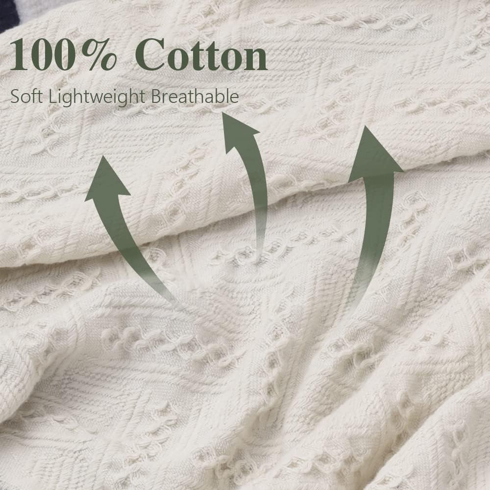 Simple&Opulence 100% Cotton Throw Blanket for Bed, Couch, Boho Luxury Geometric Knit Woven Blanket with Tassels Soft Lightweight Cozy Breathable, Vintage Farmhouse Decoration for All-Season(White)