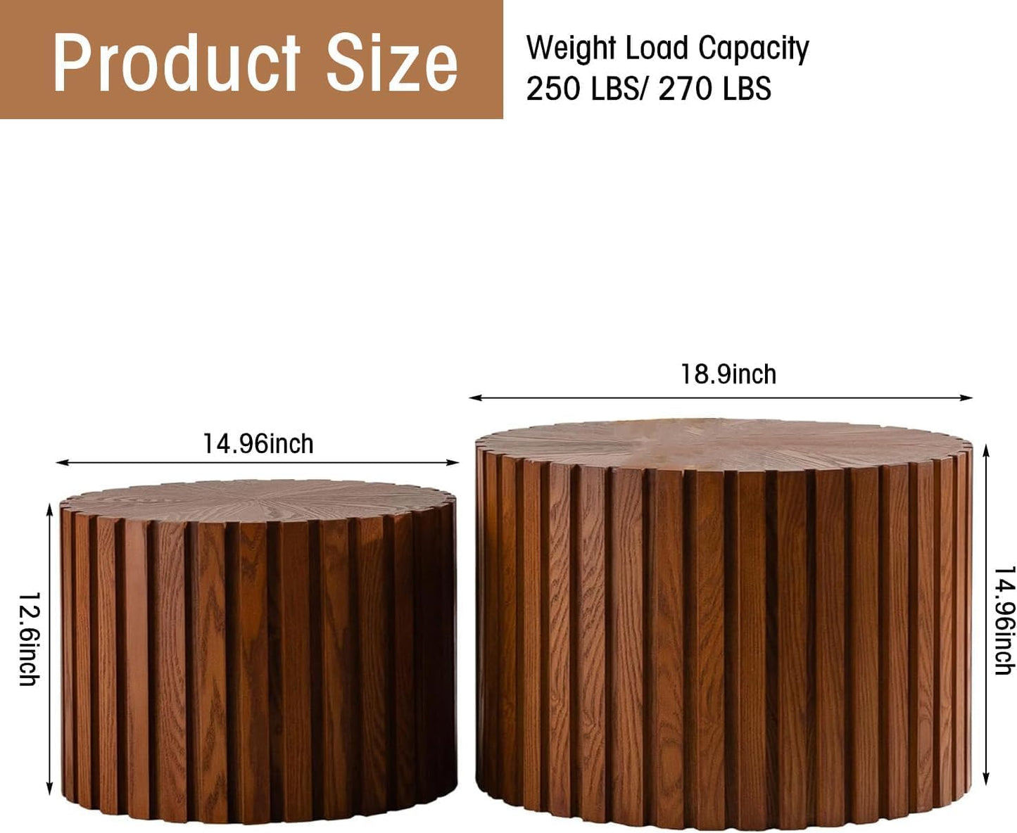 Round Coffee Table Set of 2, Nesting Coffee Table and End Table Set Small Circle Drum Side Table for Living Room Office, No Assembly (C Walnut Large)
