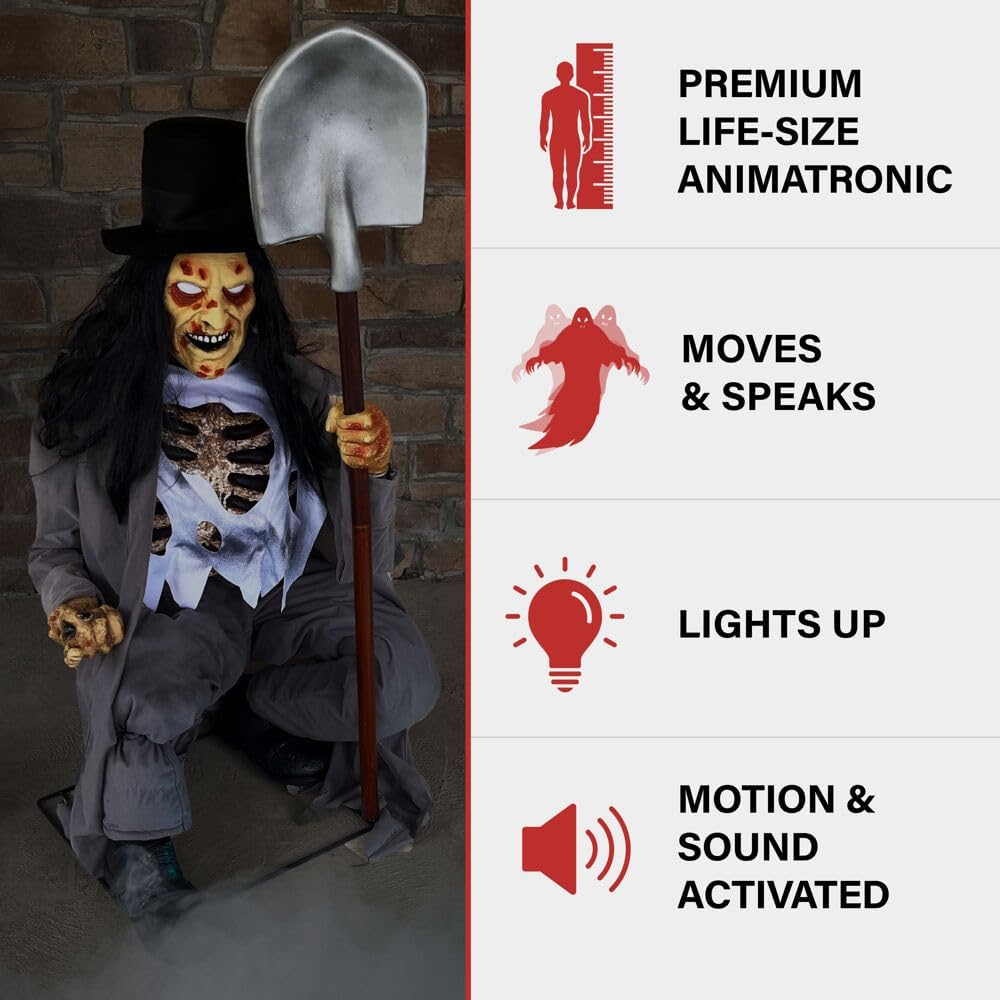 Haunted Hill Farm Motion-Activated Crouching Grave Digger by Tekky, Talking Halloween Animatronic for Indoor or Covered Outdoor Creepy Halloween Decorations, Plug-in or Battery Operated Fright Props