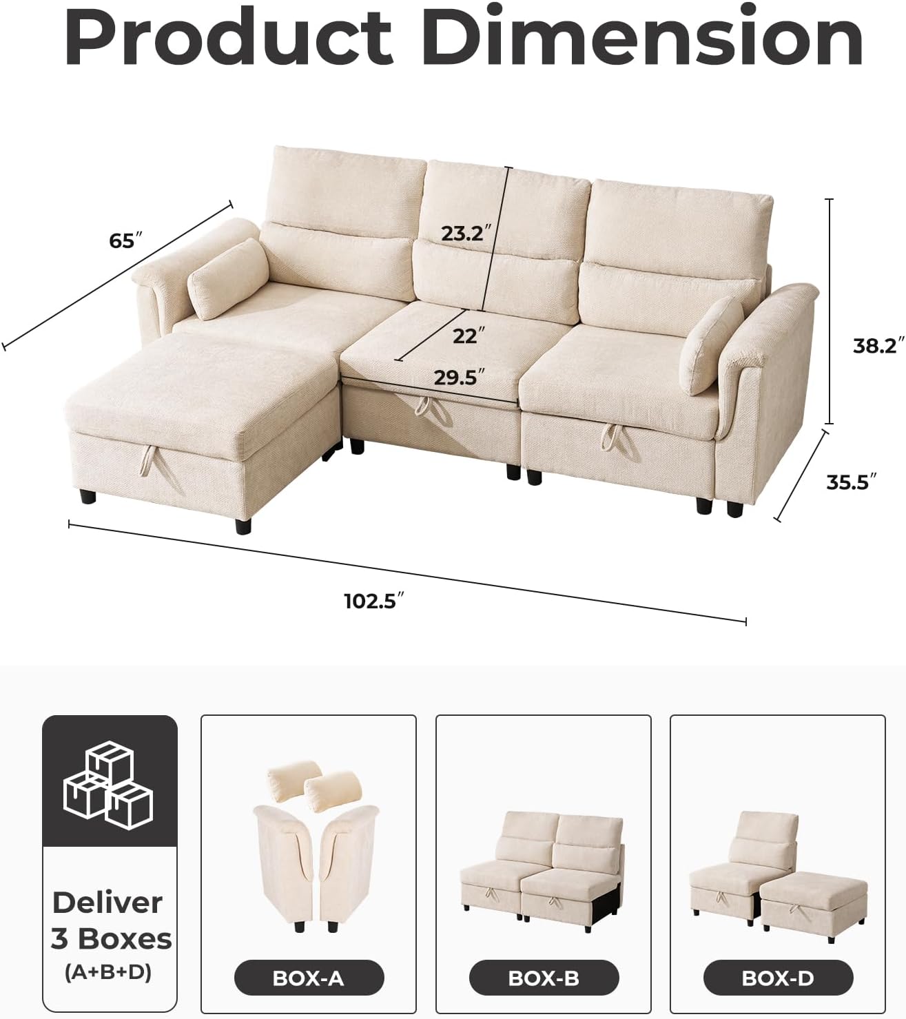 103'' Modular Sectional Sofa, L Shaped Comfy Cloud Couch with Storage,4-Seat Convertible Modern Deep Seat Sofa with Throw Pillows for Living Room,Beige