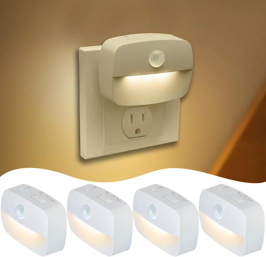 Sossi Motion Sensor Night Light Plug in 4 Pack,10-60Lm Stepless Dimming,3 Light Modes with Memory, Smart Night Lights Plug Into Wall Sensor,Dusk to Dawn Sensor for Bedroom,Toilet,Hallway,Kitchen