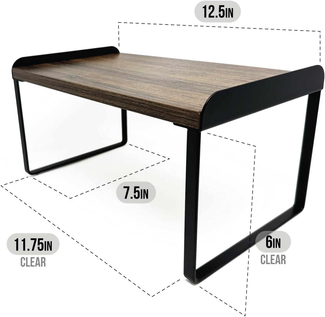 Mitus Shelf Organizer and Storage, Tiered Wood Cabinet Rack for The Kitchen Counter, Bathroom Counter, Pantry Cupboard, Office Desk Bookshelf, 12" Wide Walnut Brown and Black