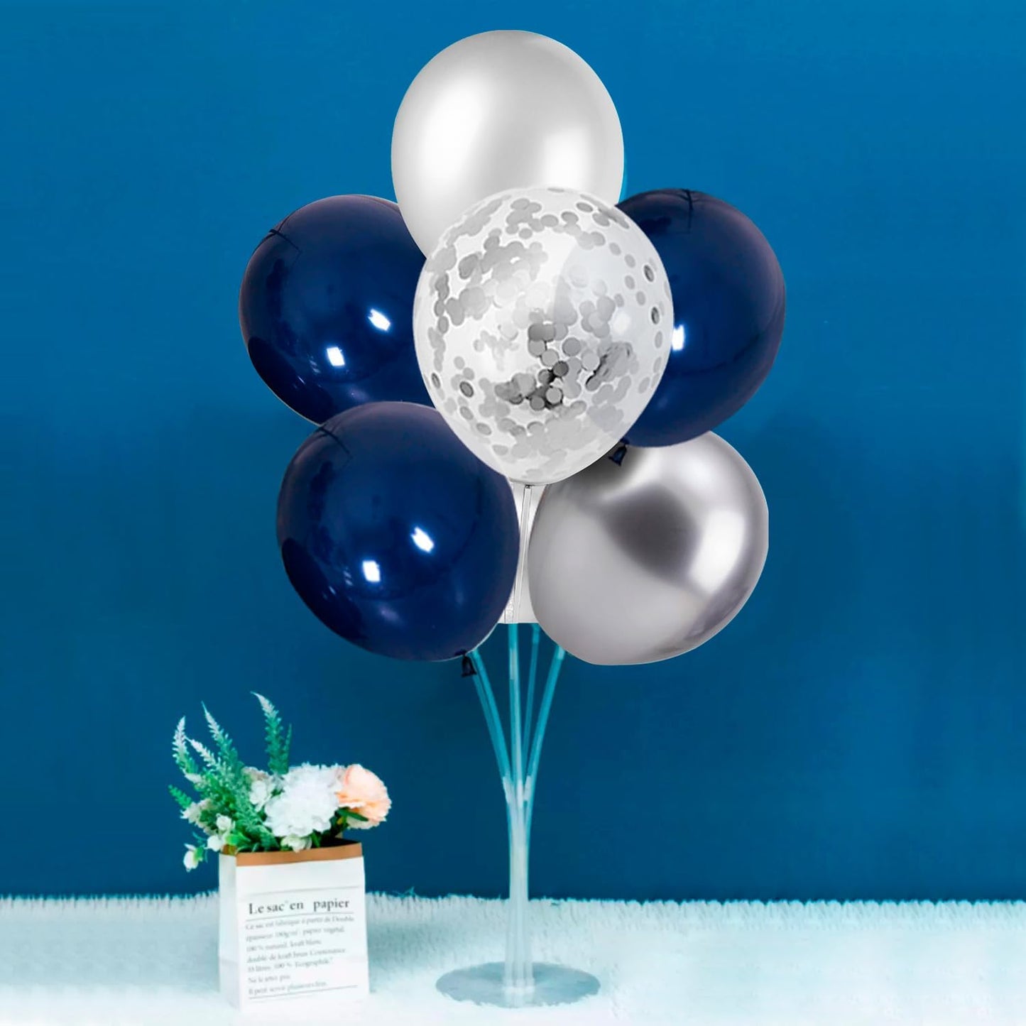 Balloon Stand with Silver and Navy Blue Balloons, Centerpiece Table Decorations for Birthday Wedding Anniversary New Year Graduation Decorations Class of 2025(Silver navy set4)