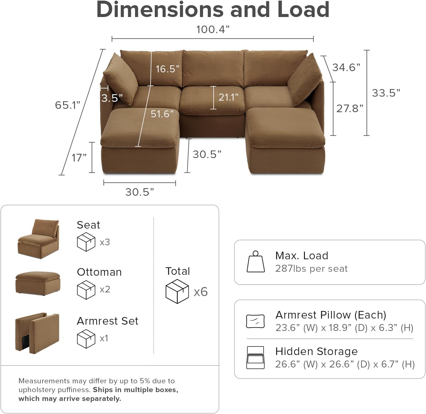 mopio Oversized Modular Sectional Sofa with Fully Removable Covers and Storage, Convertible U, L-Shaped and Sleeper Sectional, Modern Couches with Ottoman Chaise (Hazelnut Velvet, 5 Seats, U)