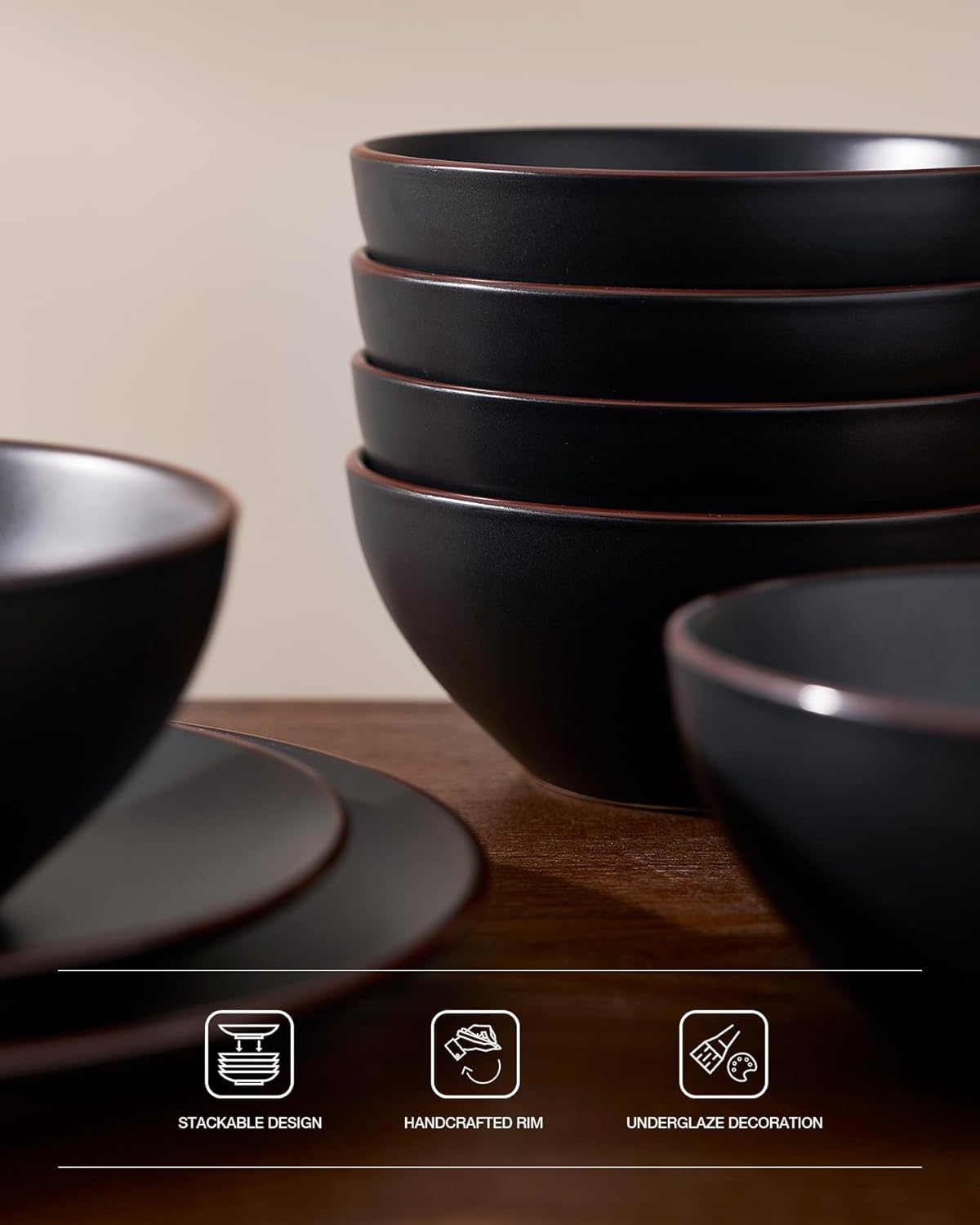 Famiware Venus Plates and Bowls Sets, 18 Pieces Stoneware Dinnerware Sets, Dishes Set for 6, Microwave and Dishwasher Safe, Matte Black