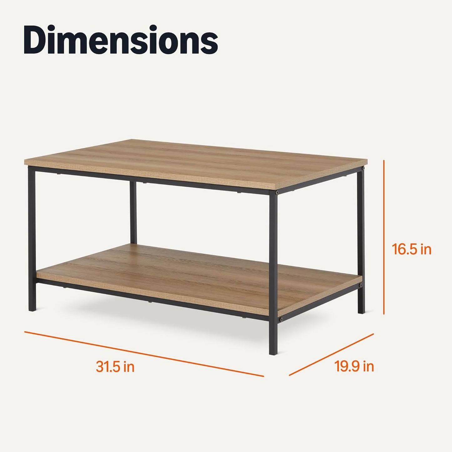 Amazon Basics Rectangular Coffee Table with Bottom Shelf, Living Room Center Table, Wooden, 19.9" D x 31.5" W x 16.5" H