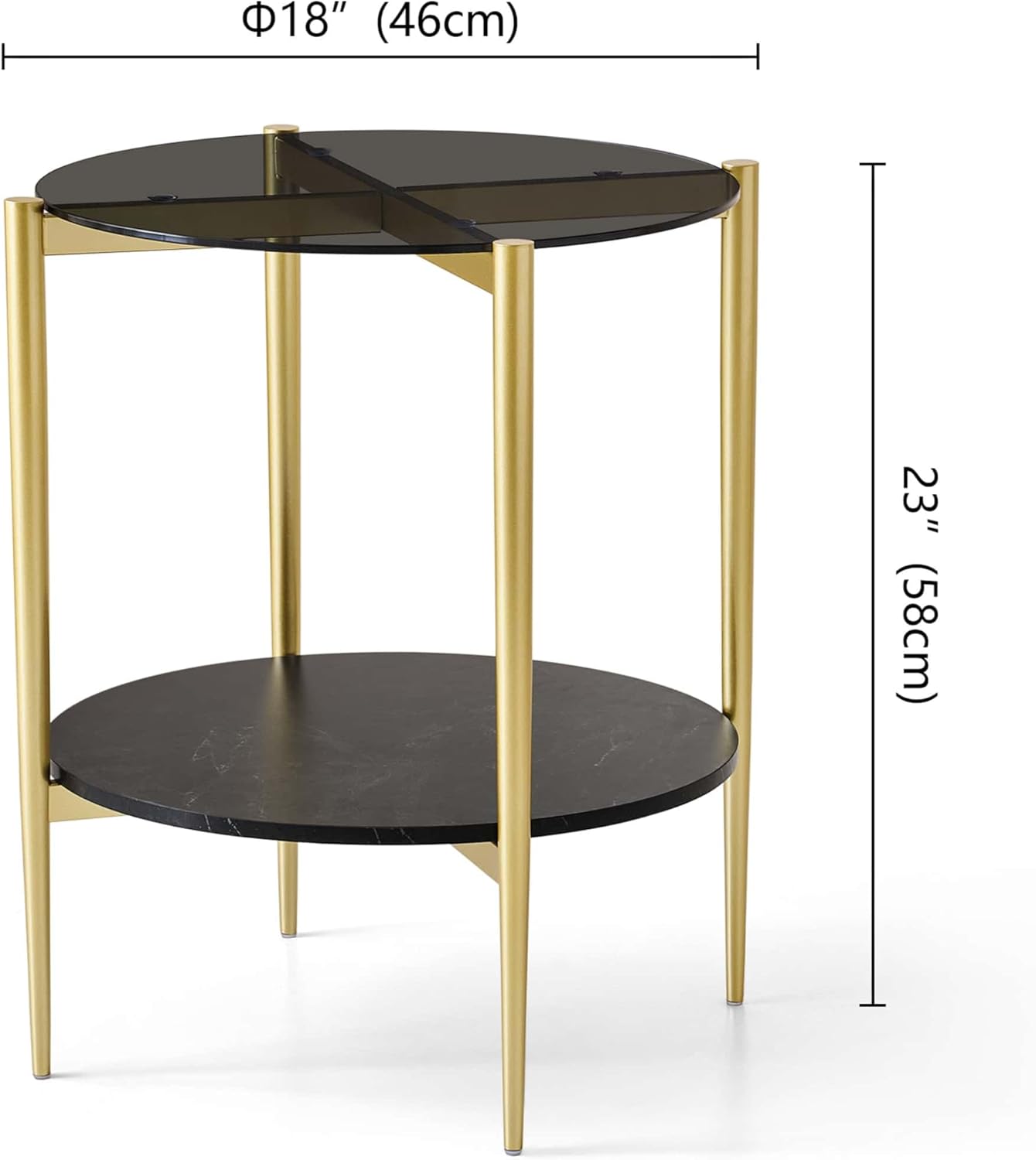 Round Glass End Table, Mid-Century Modern Design Sofa Table for Living Room, D18 x H23 in, 2-Tier Structure, Grey Glass Top and Black Marble Shelf, Sleek Conical Legs with Gold Finish Frame