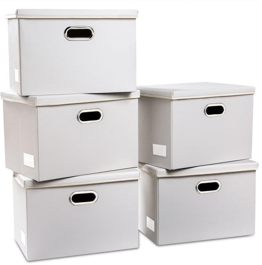 PRANDOM Large Stackable Storage Bins with Lids [5-Pack] Leather Fabric Foldable Storage Boxes Organizer Containers Baskets Cube with Cover for Bedroom Closet Office Nursery White (17.7x11.8x11.8)