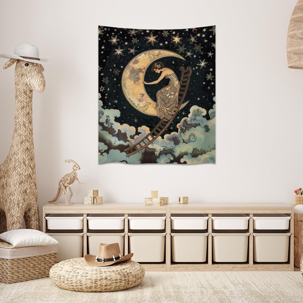Dark Academia Gothic Aesthetic Tapestry ladder to The Moon and Stars Wall Hanging Print Trendy Vintage Art Nouveau Tapestries Decor for Home Bedroom Living Room 70x90inch